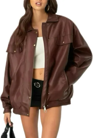 Womens Oversized Leather Jackets Faux Zip Up Motorcycle Bomber Coat Fall Trendy Winter Outfits