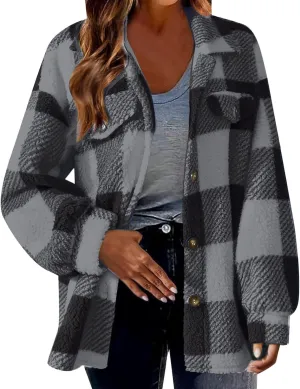Womens Plaid Fleece Shacket Jacket Oversized Trendy Plaid Flannel Jacket Button Down Fall Winter Warm Hoodie Coat Cardigan