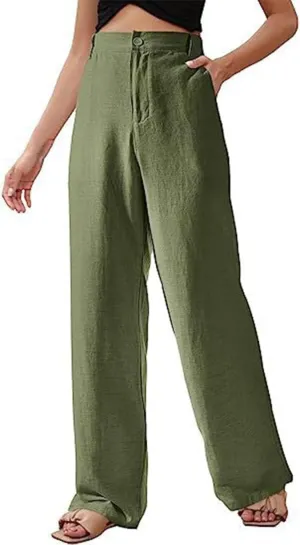 Women's Summer Casual Pants Straight Leg Solid Color Linen High Waisted Button Up Long Trousers Relaxed Fit Going Out Pants