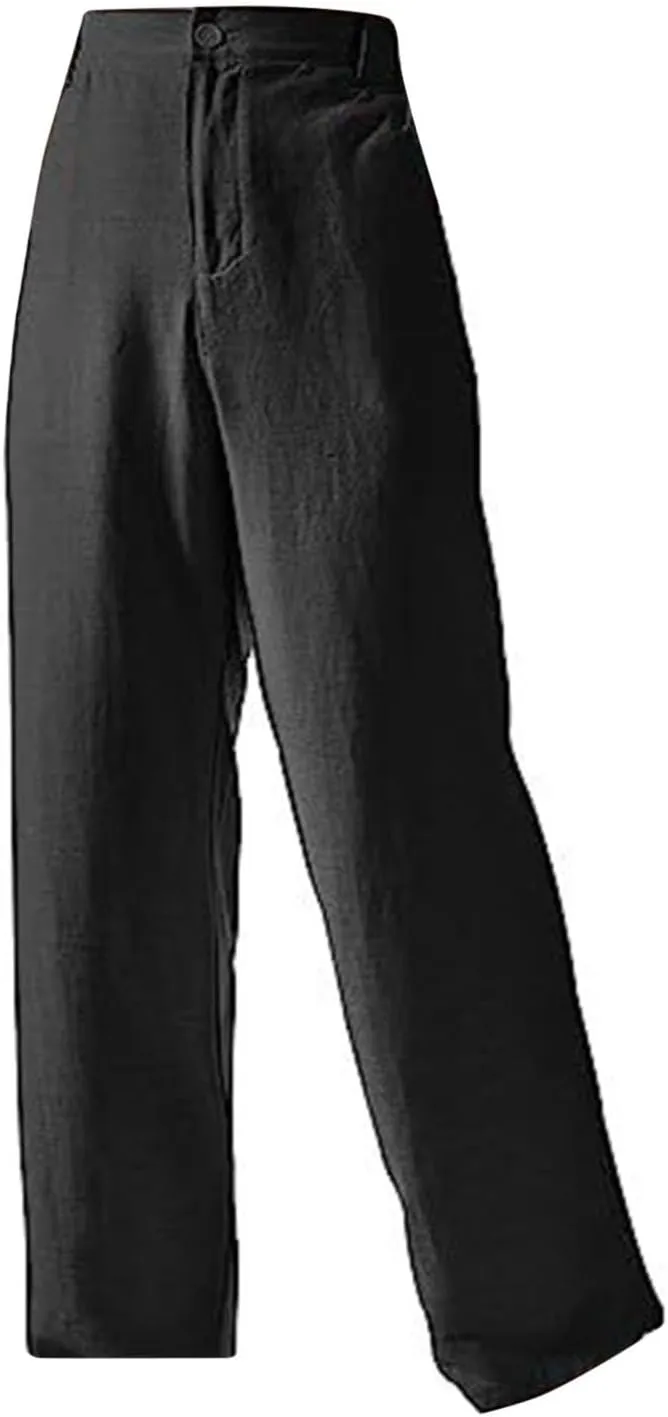 Women's Summer Casual Pants Straight Leg Solid Color Linen High Waisted Button Up Long Trousers Relaxed Fit Going Out Pants