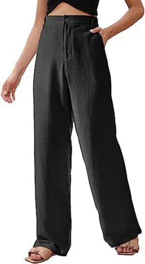 Women's Summer Casual Pants Straight Leg Solid Color Linen High Waisted Button Up Long Trousers Relaxed Fit Going Out Pants