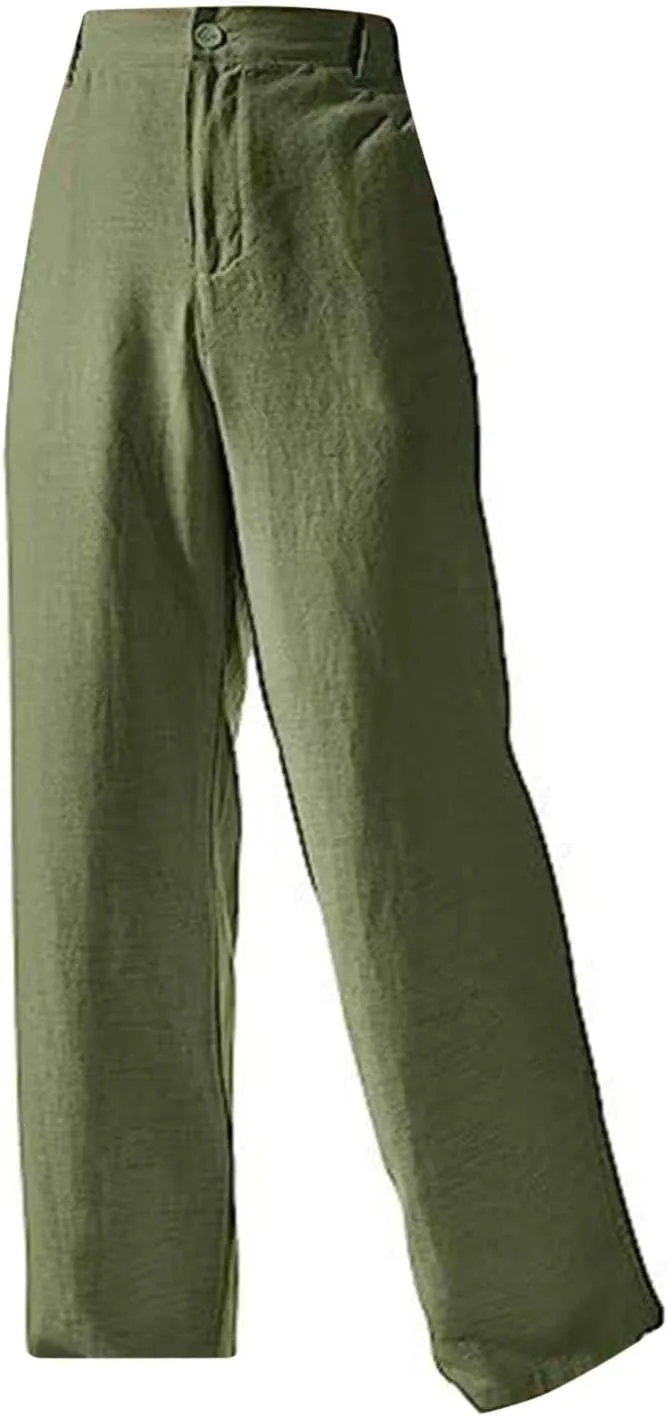 Women's Summer Casual Pants Straight Leg Solid Color Linen High Waisted Button Up Long Trousers Relaxed Fit Going Out Pants