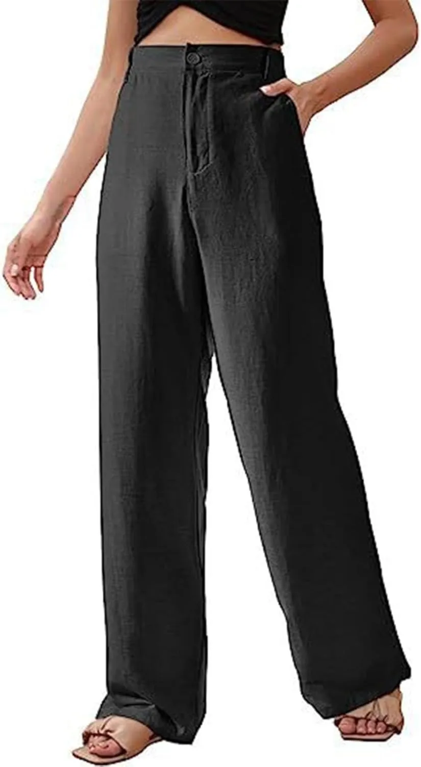 Women's Summer Casual Pants Straight Leg Solid Color Linen High Waisted Button Up Long Trousers Relaxed Fit Going Out Pants