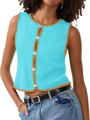 Womens Sweater Vest Sleeveless Button Down Tank Tops Spring Summer Cropped Cardigan 2025 Knit Top