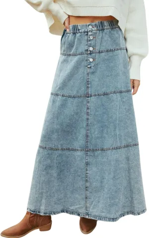 yoeasy Women's Denim Maxi Skirt Button Casual Boho Flowy Tiered Swing Vintage A-Line Jean Midi Long Skirt