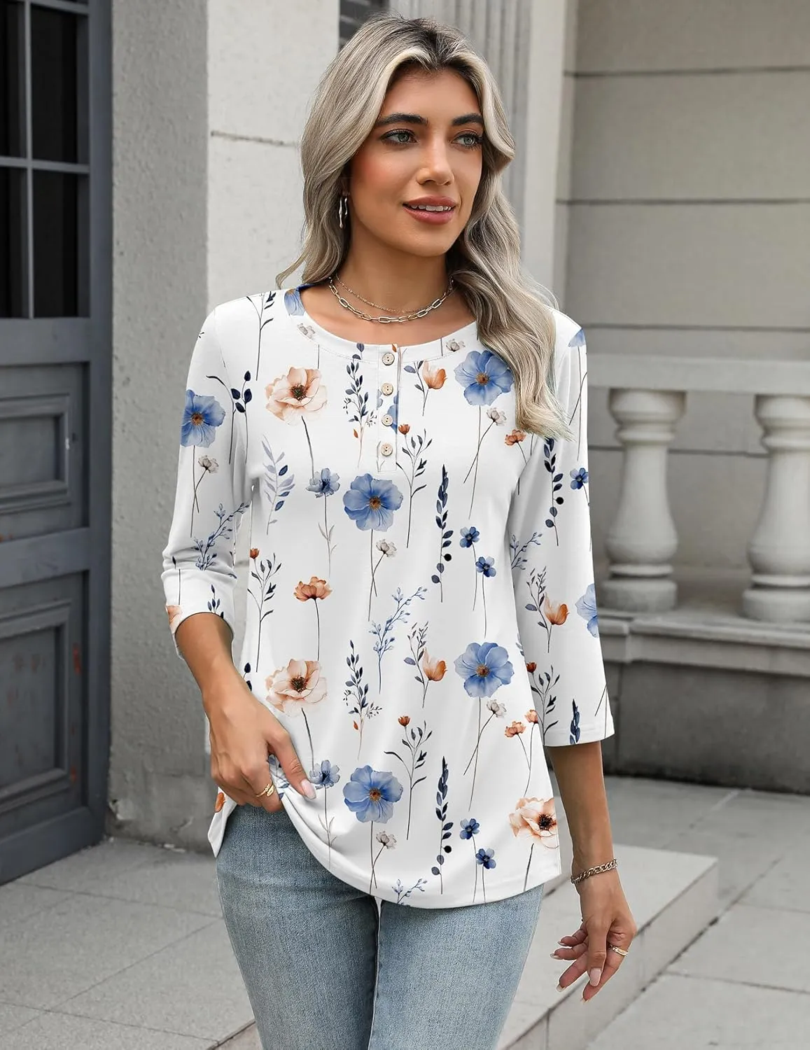 Zeagoo 3/4 Length Sleeve Women Tops Crew Neck Blouses Dressy Casual Summer T Shirts Loose Fit Business Work Clothes