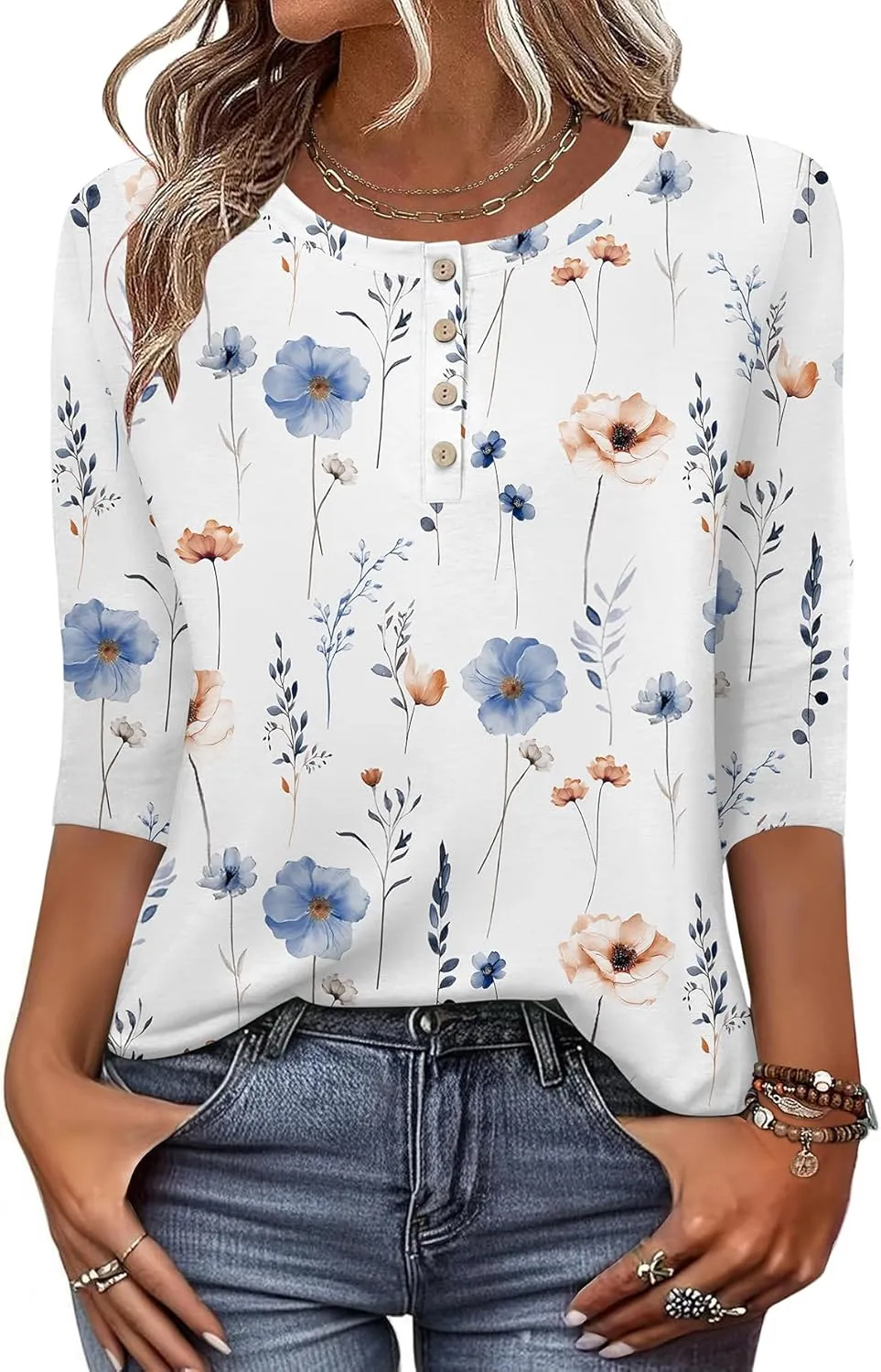 Zeagoo 3/4 Length Sleeve Women Tops Crew Neck Blouses Dressy Casual Summer T Shirts Loose Fit Business Work Clothes