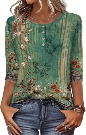 Zeagoo 3/4 Length Sleeve Women Tops Crew Neck Blouses Dressy Casual Summer T Shirts Loose Fit Business Work Clothes
