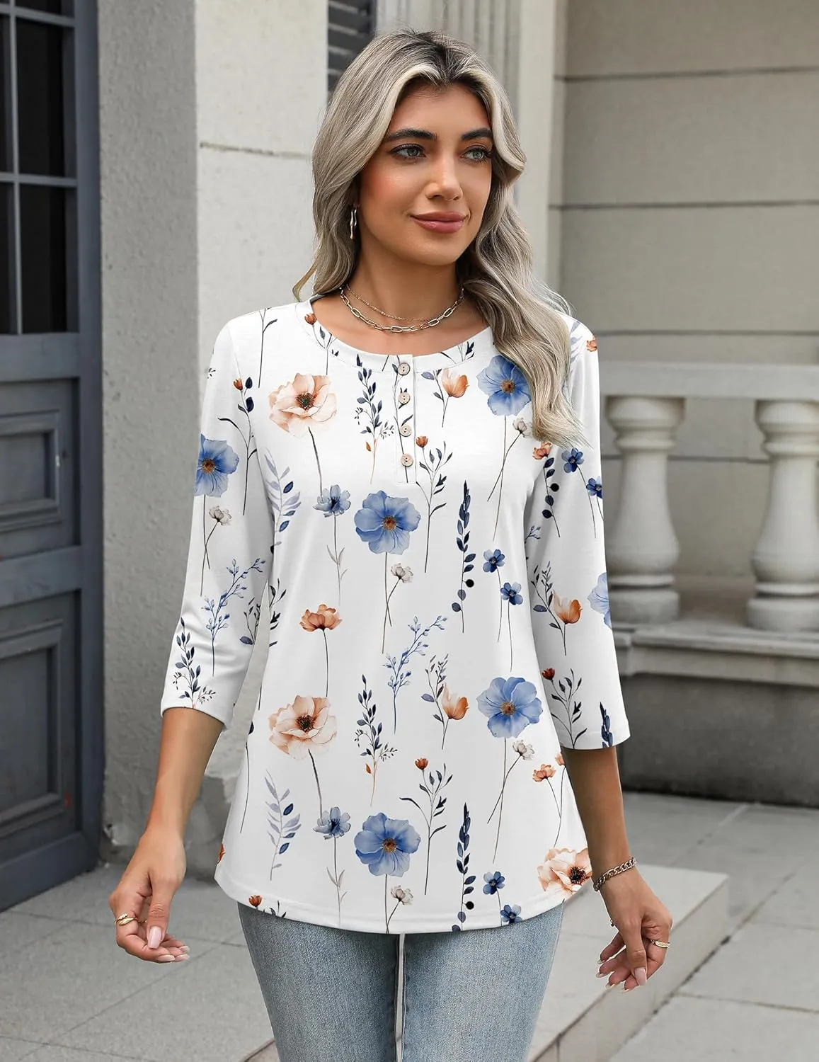 Zeagoo 3/4 Length Sleeve Women Tops Crew Neck Blouses Dressy Casual Summer T Shirts Loose Fit Business Work Clothes