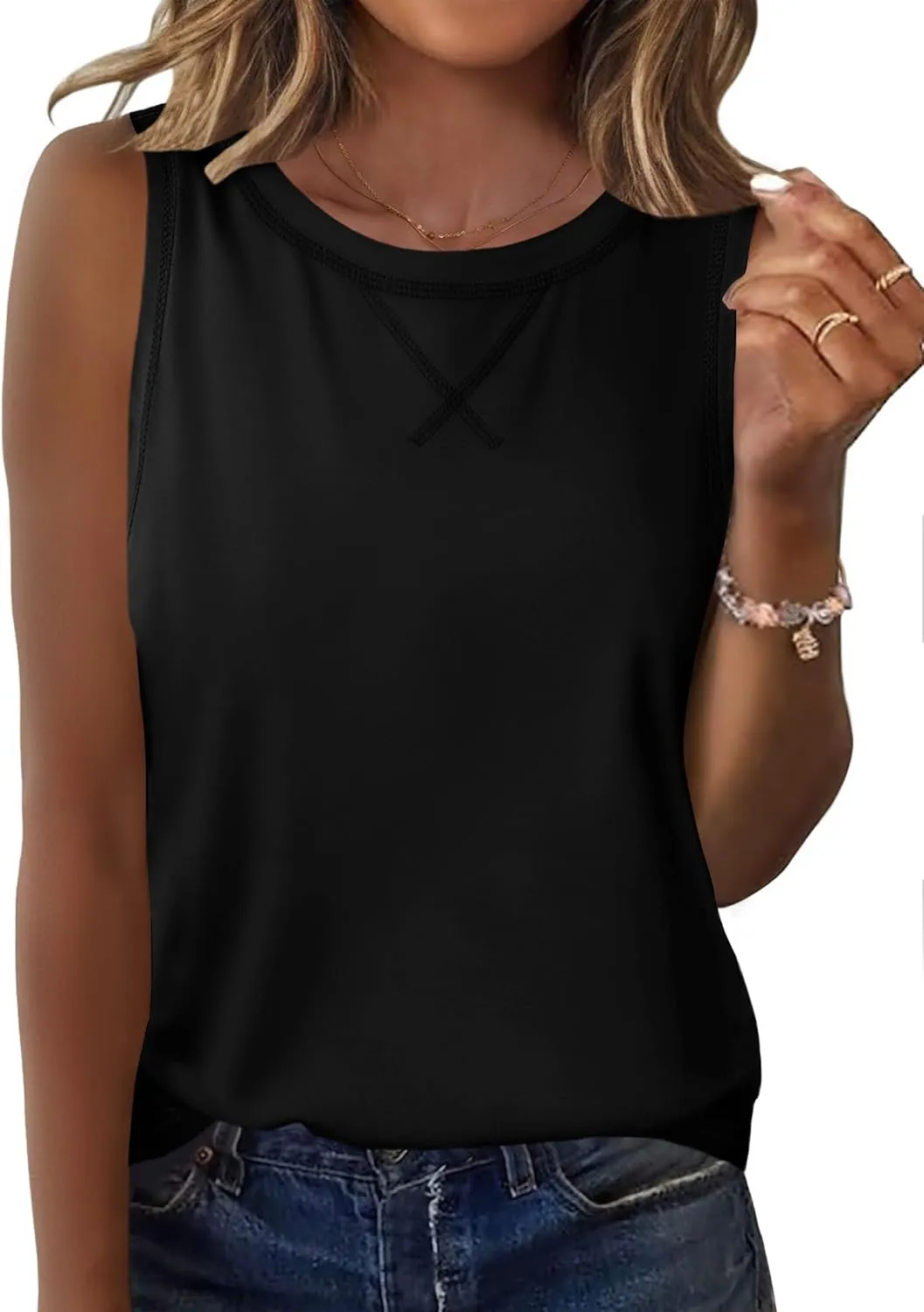 Zeagoo Women's Tank Tops Crew Neck Sleeveless Tops Floral Solid Summer Shirts Casual Loose Flowy Tunic Blouses