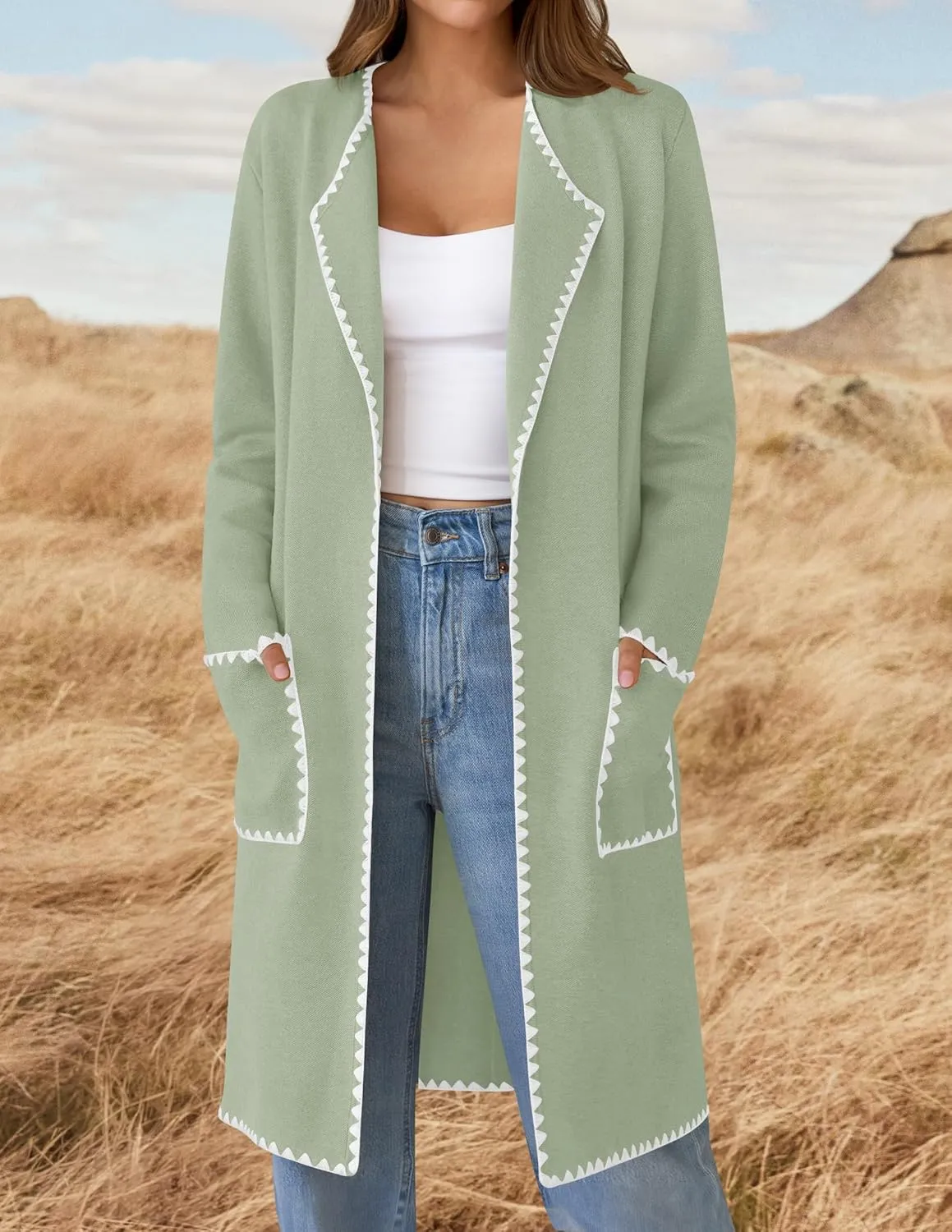 ZESICA Women's Open Front Long Cardigan Sweater Casual Lapel Coatigan Coat Fall Jacket Outerwear with Pockets