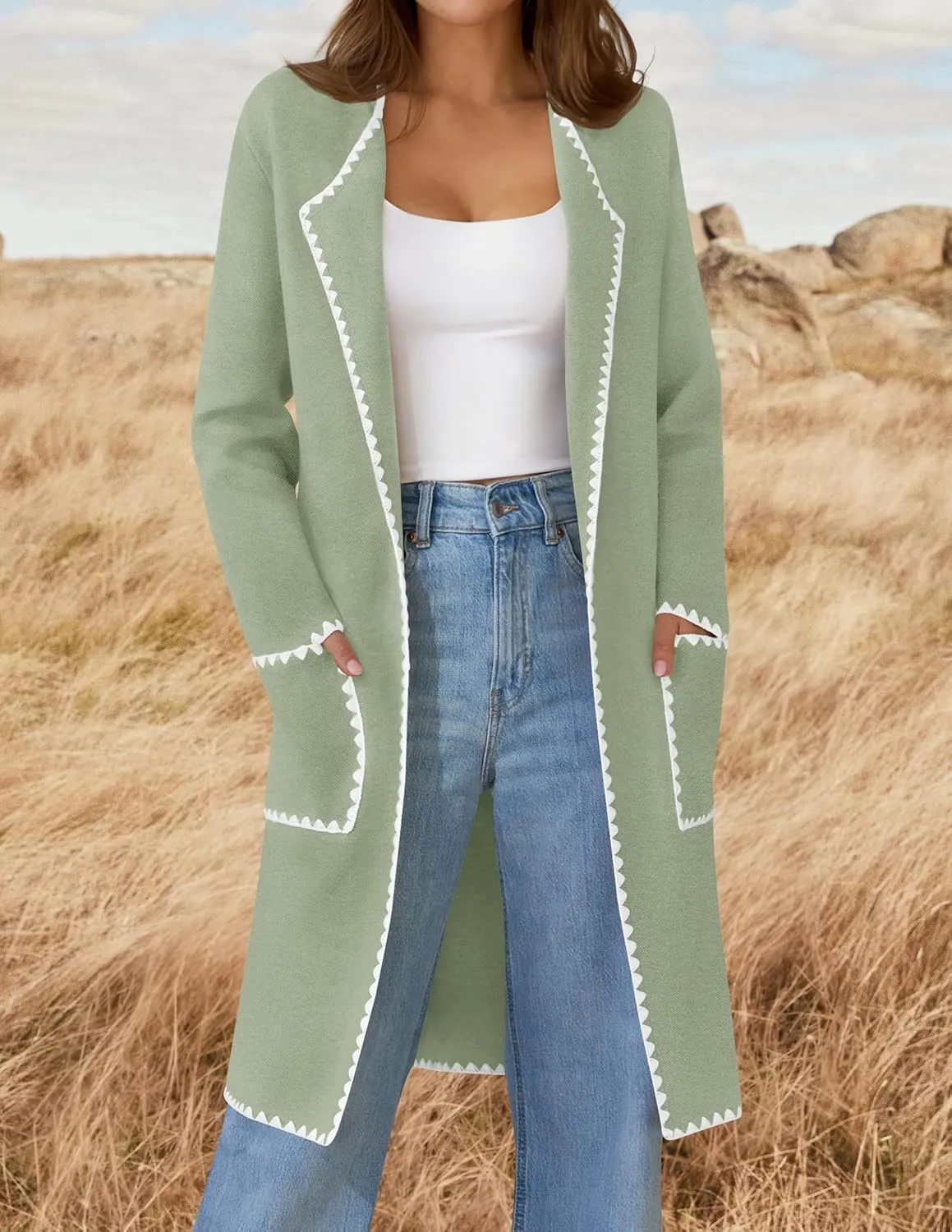 ZESICA Women's Open Front Long Cardigan Sweater Casual Lapel Coatigan Coat Fall Jacket Outerwear with Pockets