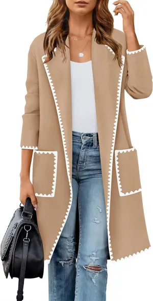 ZESICA Women's Open Front Long Cardigan Sweater Casual Lapel Coatigan Coat Fall Jacket Outerwear with Pockets