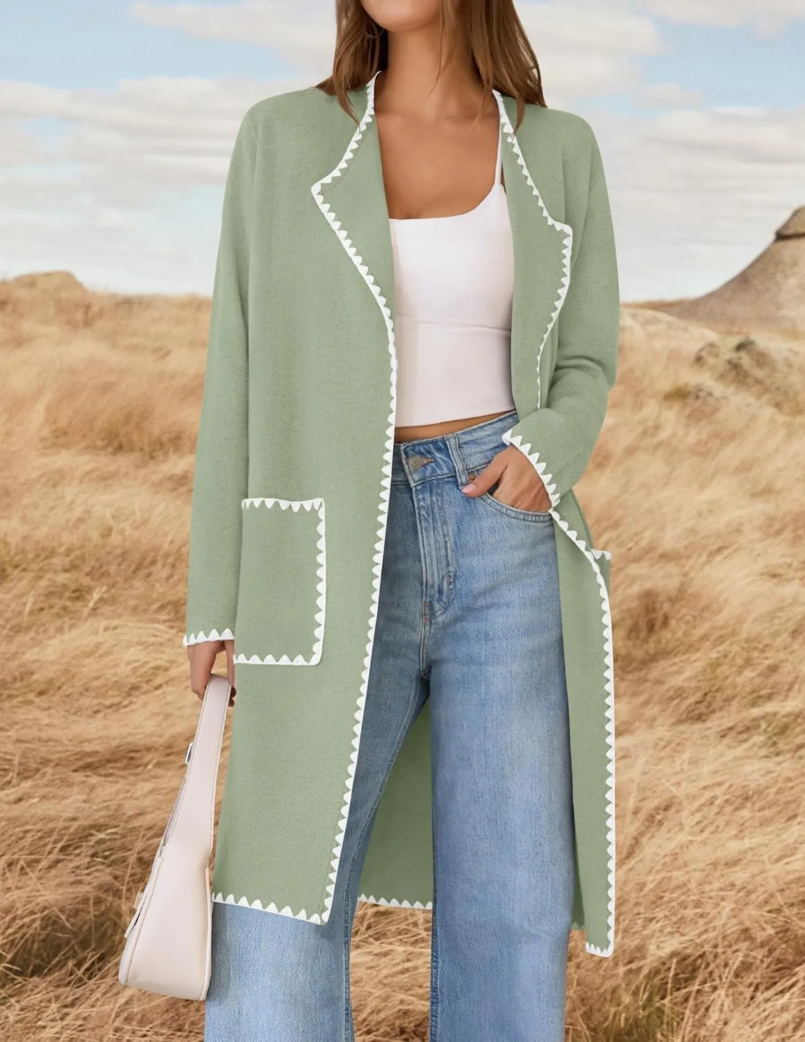 ZESICA Women's Open Front Long Cardigan Sweater Casual Lapel Coatigan Coat Fall Jacket Outerwear with Pockets