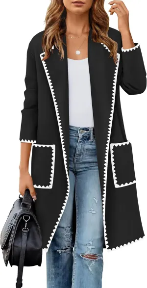 ZESICA Women's Open Front Long Cardigan Sweater Casual Lapel Coatigan Coat Fall Jacket Outerwear with Pockets