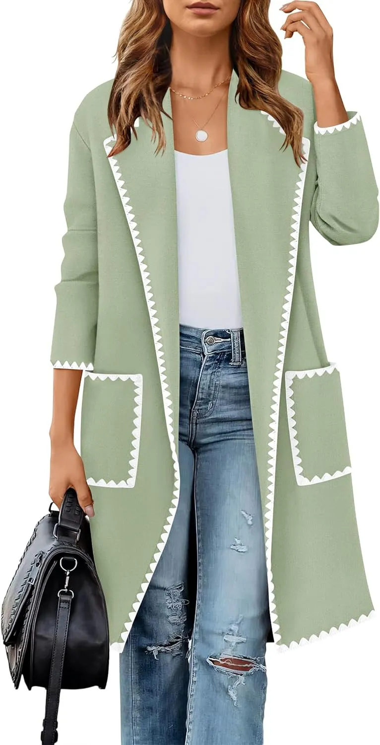ZESICA Women's Open Front Long Cardigan Sweater Casual Lapel Coatigan Coat Fall Jacket Outerwear with Pockets