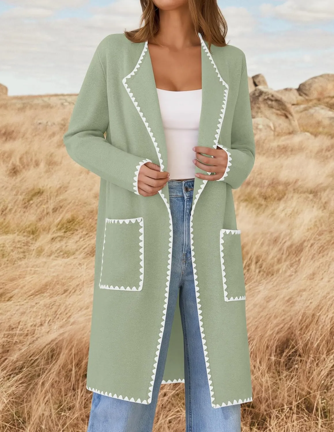 ZESICA Women's Open Front Long Cardigan Sweater Casual Lapel Coatigan Coat Fall Jacket Outerwear with Pockets