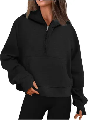 Zip Up Hoodie Women,2024 Fall Thumb Hole Half Zip Sweatshirts Fleece Jackets Tops Oversized Pullover With Pockets