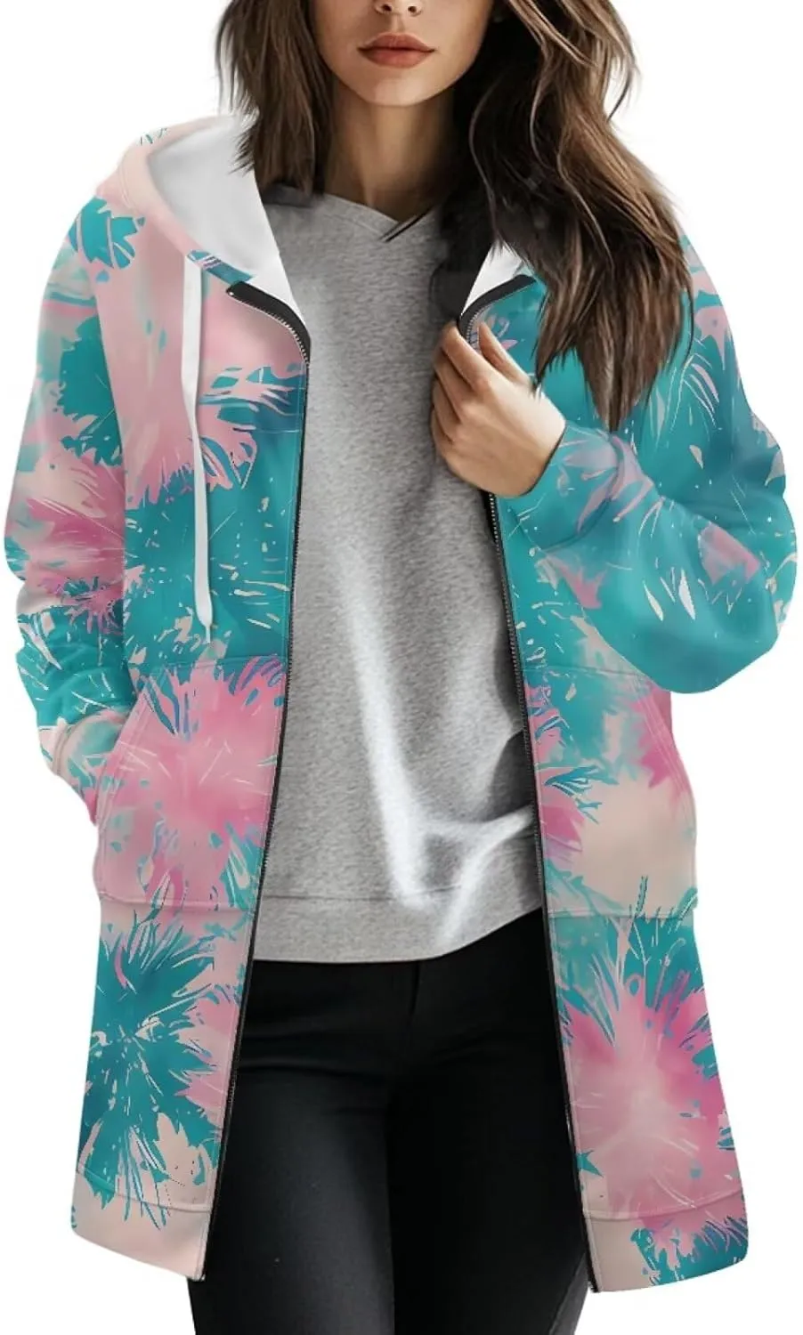 Zip Up Hoodies for Women Trendy Tie Dye Hooded Sweatshirts Oversized Long Sleeve Pullover Drawstring Jackets