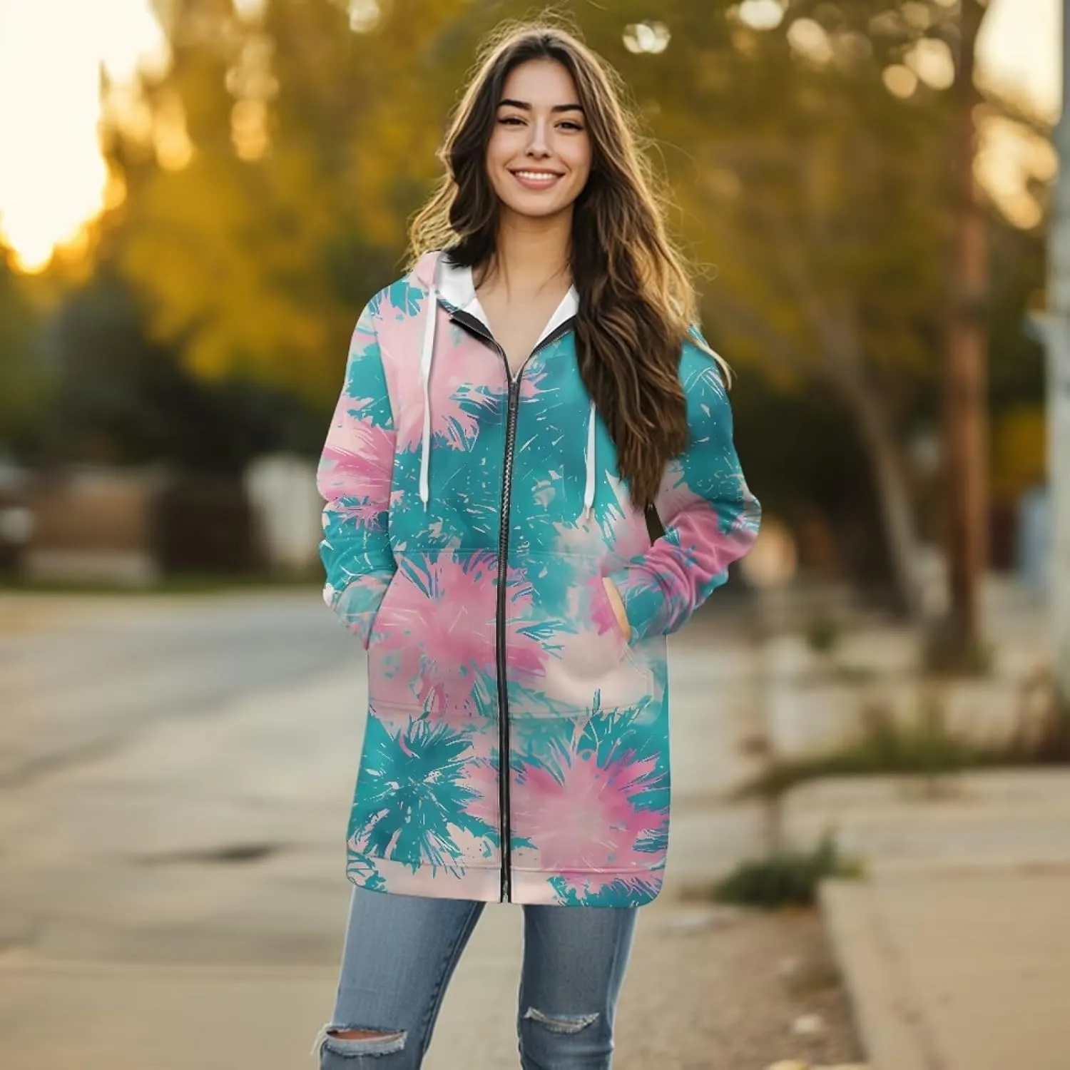 Zip Up Hoodies for Women Trendy Tie Dye Hooded Sweatshirts Oversized Long Sleeve Pullover Drawstring Jackets